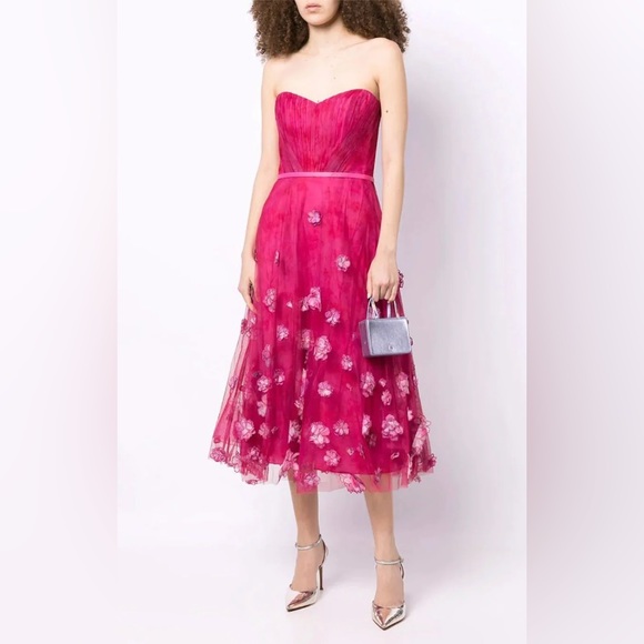 $895 NWT Marchesa Notte Strapless Draped Ombre Gown Dress Fuchsia Pink
